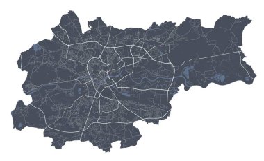 Krakow haritası. Krakow şehrinin idari alanının detaylı vektör haritası. Beyaz arka planda caddeleri olan siyah poster.