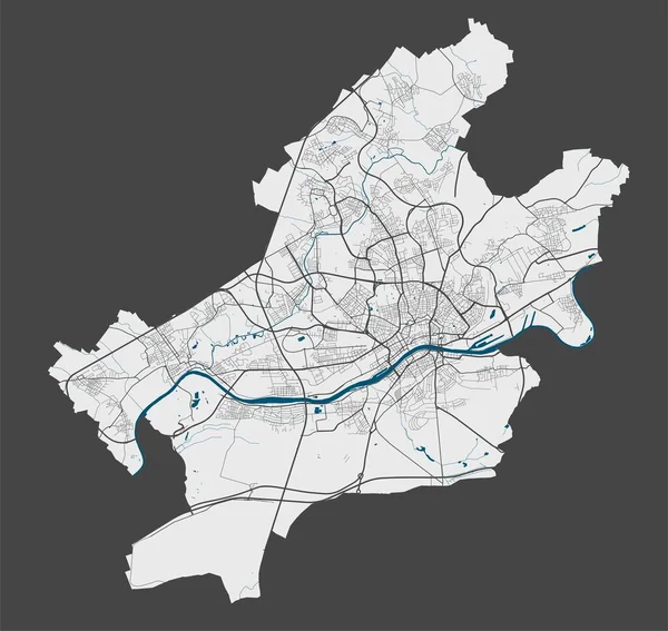 フランクフルト地図 フランクフルト市行政区の詳細なベクトルマップ 灰色の背景に通りや水とポスター — ストックベクタ