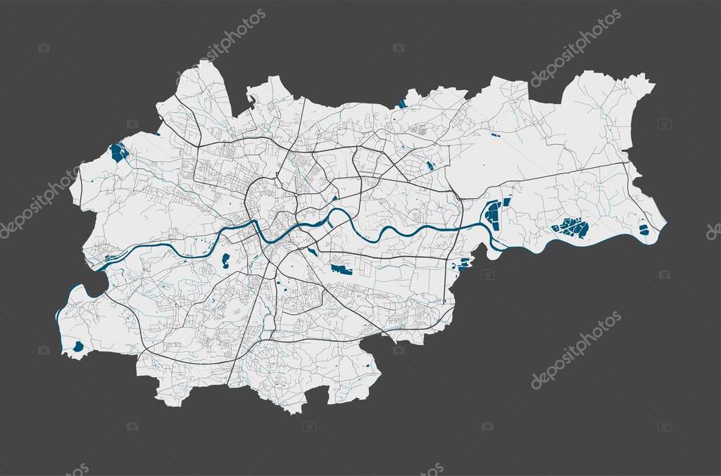 Krakow map. Detailed vector map of Krakow city administrative area. Poster with streets and water on grey background.