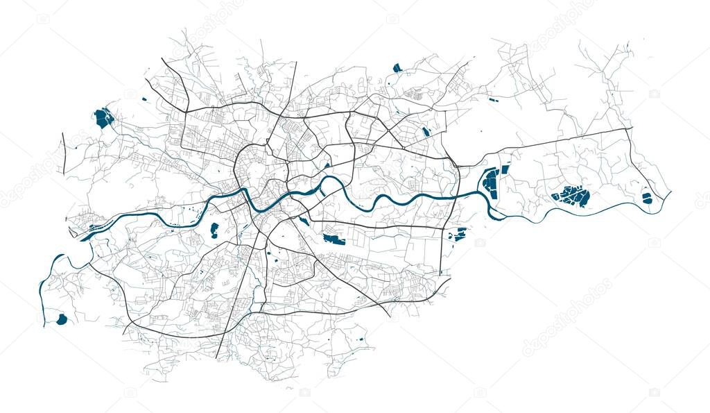 Krakow map with roads and rivers, city municipality administrative borders, art design with grey and blue on white background