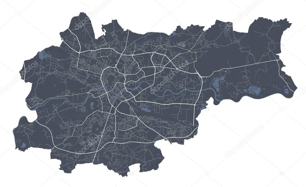 Krakow map. Detailed vector map of Krakow city administrative area. Dark poster with streets on white background.