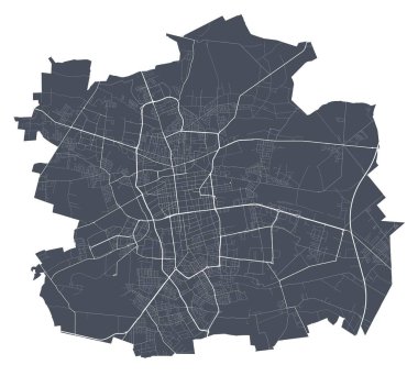 Lodz haritası. Lodz şehrinin idari alanının ayrıntılı vektör haritası. Beyaz arka planda caddeleri olan siyah poster.