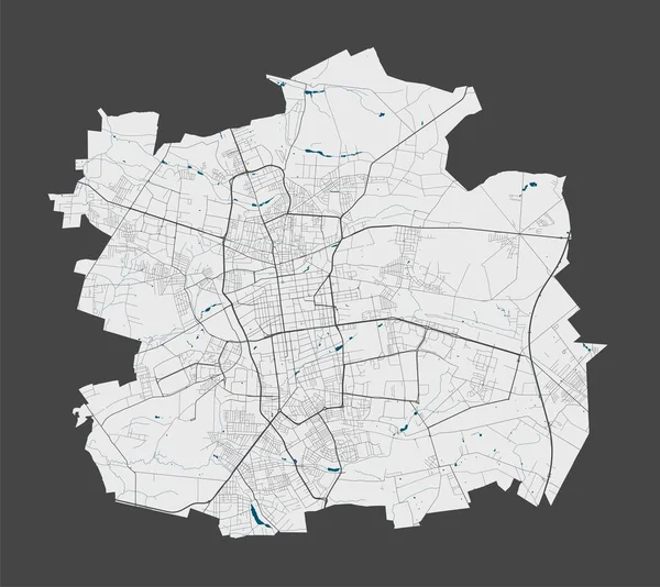 Lodz haritası. Lodz şehrinin idari alanının ayrıntılı vektör haritası. Sokaklı poster ve gri arka planda su.