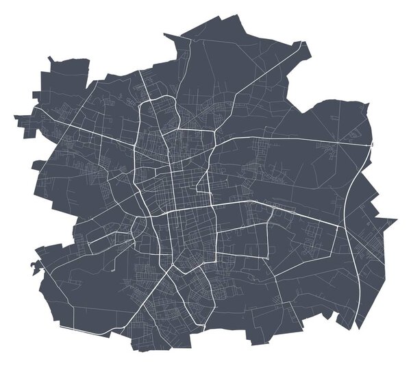 Lodz map. Detailed vector map of Lodz city administrative area. Dark poster with streets on white background.