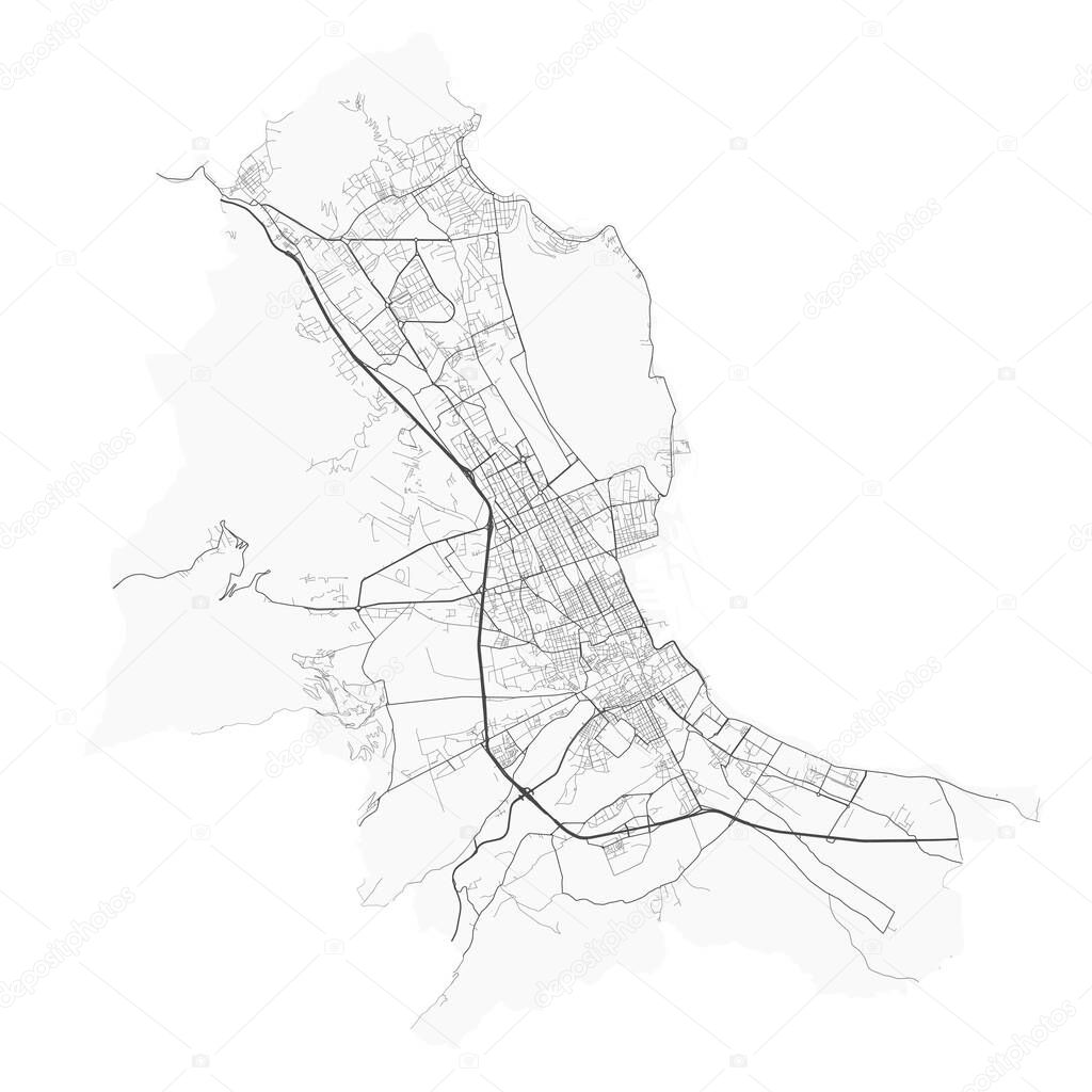 Palermo map. Detailed vector map of Palermo city administrative area. Poster with streets and water on grey background.