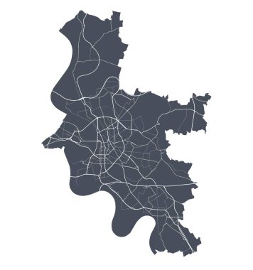 Düsseldorf haritası. Düsseldorf idari bölgesinin detaylı vektör haritası. Beyaz arka planda caddeleri olan siyah poster.