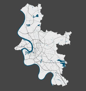 Düsseldorf haritası. Düsseldorf idari bölgesinin detaylı vektör haritası. Sokaklı poster ve gri arka planda su.