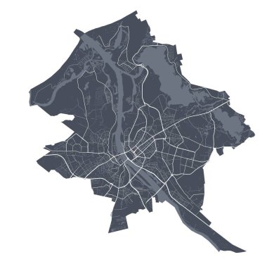 Riga haritası. Riga şehrinin idari alanının detaylı vektör haritası. Beyaz arka planda caddeleri olan siyah poster.