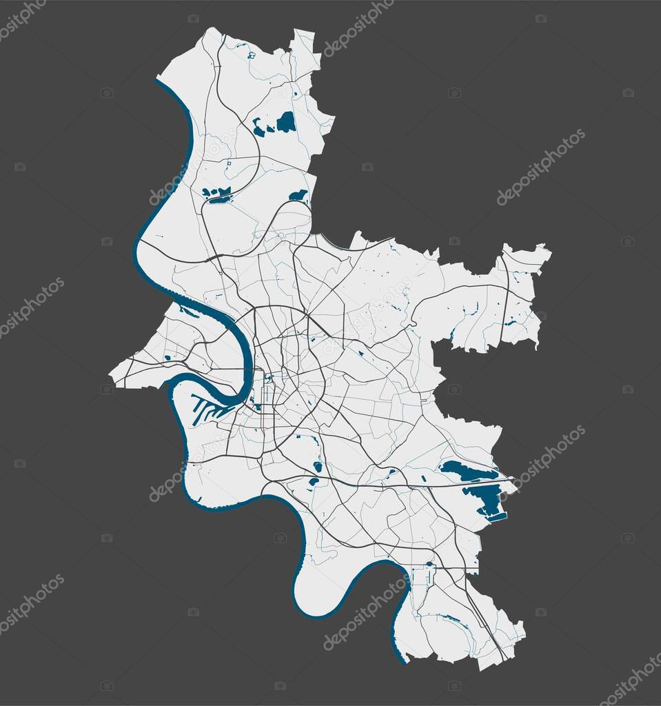 Dusseldorf map. Detailed vector map of Dusseldorf city administrative area. Poster with streets and water on grey background.