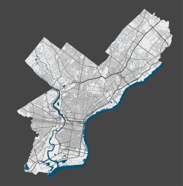 Philadelphia map. Detailed vector map of Philadelphia city administrative area. Poster with streets and water on grey background. clipart