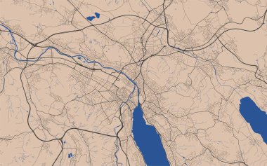 Zürih şehir haritası posteri. Zürih sokak haritası posteri. Zürih harita vektör illüstrasyonu.