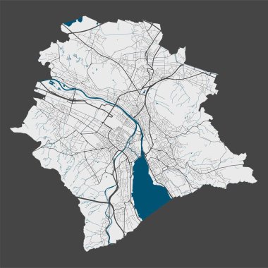 Zürih haritası. Zürih idari bölgesinin ayrıntılı vektör haritası. Sokaklı poster ve gri arka planda su.