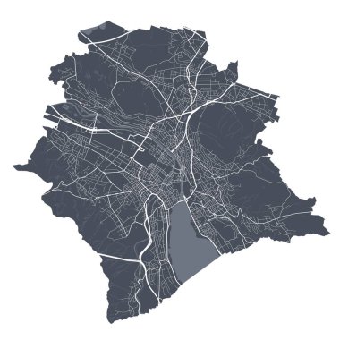 Zürih haritası. Zürih idari bölgesinin ayrıntılı vektör haritası. Beyaz arka planda caddeleri olan siyah poster.