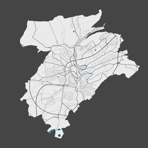 ルクセンブルク地図 ルクセンブルク市行政区の詳細なベクトルマップ 灰色の背景に通りや水とポスター — ストックベクタ