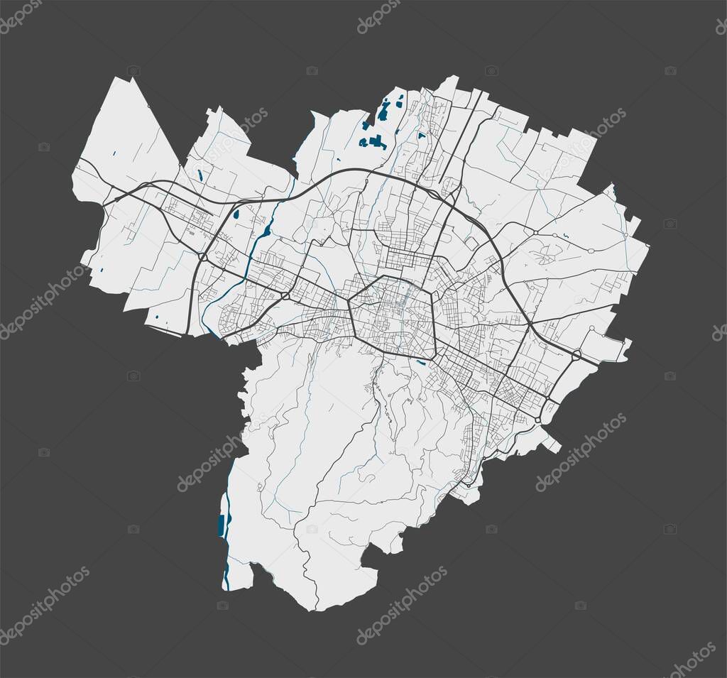 Bologna map. Detailed vector map of Bologna city administrative area. Poster with streets and water on grey background.