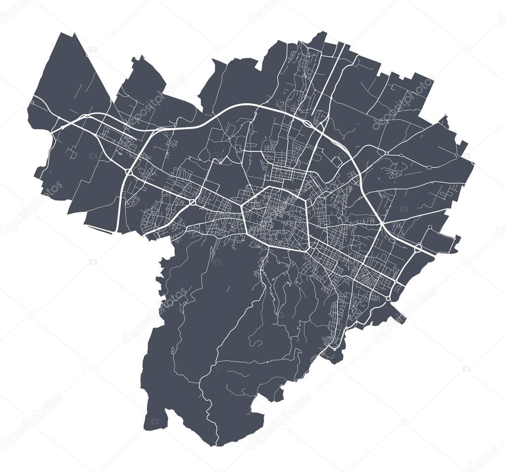 Bologna map. Detailed vector map of Bologna city administrative area. Dark poster with streets on white background.