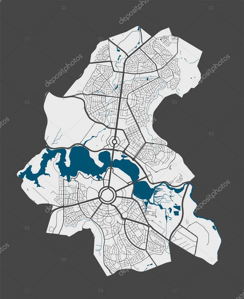 Canberra map. Detailed vector map of Canberra city administrative area. Poster with streets and water on grey background.