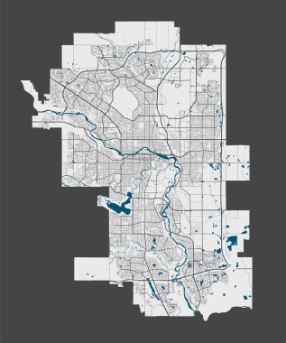 Calgary haritası. Calgary şehri yönetim bölgesinin detaylı haritası. Şehir manzarası manzarası. Kraliyetten bağımsız vektör çizimi. Otoyollar, sokaklar, nehirler ile doğrusal ana hat haritası.