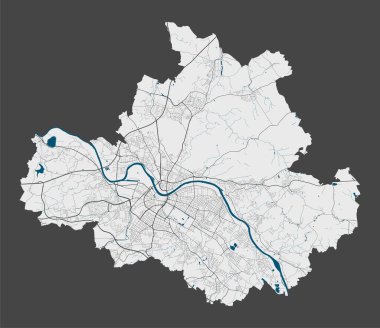 Dresden haritası. Dresden şehrinin idari alanının detaylı haritası. Şehir manzarası manzarası. Kraliyetten bağımsız vektör çizimi. Otoyolları, sokakları, nehirleri olan doğrusal ana hat haritası. Turist dekoratif sokak haritası.