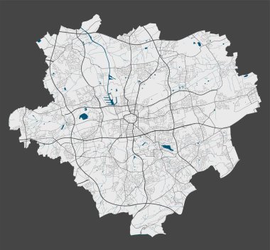 Dortmund haritası. Dortmund şehrinin idari alanının detaylı haritası. Şehir manzarası manzarası. Kraliyetten bağımsız vektör çizimi. Otoyollar, sokaklar, nehirler ile doğrusal ana hat haritası.