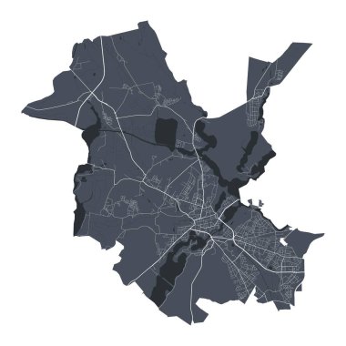 Potsdam haritası. Potsdam 'ın idari alanının detaylı vektör haritası. Şehir Posteri Arya Manzarası. Beyaz sokakları, yolları ve caddeleri olan karanlık topraklar. Beyaz arkaplan.