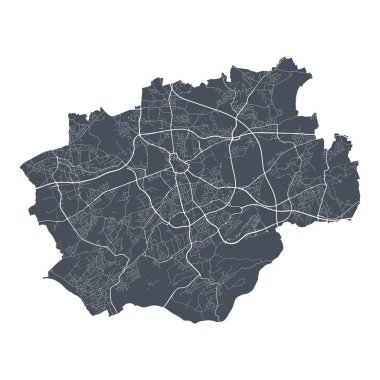 Bochum haritası. Bochum şehrinin idari alanının detaylı vektör haritası. Şehir Posteri Arya Manzarası. Beyaz sokakları, yolları ve caddeleri olan karanlık topraklar. Beyaz arkaplan.