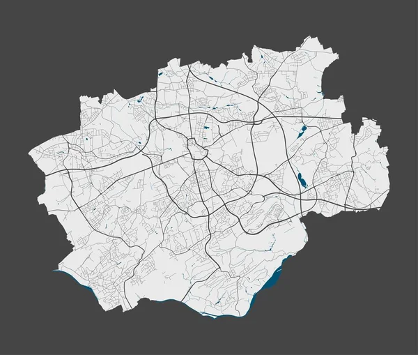 Bochum地图 Bochum市管理区详细地图 全景全景 免费的矢量说明 有公路 河流的线路图 游客装饰街道图 — 图库矢量图片