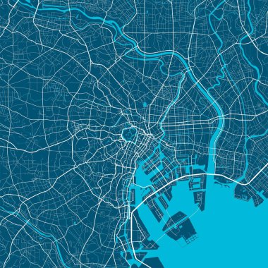 Tokyo idari bölgesinin ayrıntılı haritası. Kraliyetten bağımsız vektör çizimi. Şehir manzarası manzarası. Tokyo bölgesinin dekoratif grafik turist haritası.