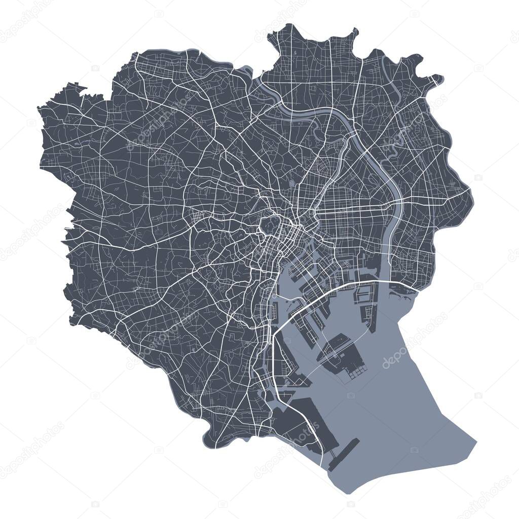 Tokyo map. Detailed vector map of Tokyo city administrative area. Cityscape poster metropolitan aria view. Dark land with white streets, roads and avenues. White background.