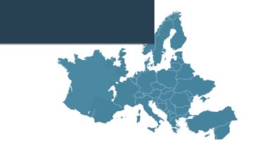 Avrupa haritası, en büyük şehirler ve metin tutuculu Fransa haritası. Haber ve eğitim programı. Royalty ücretsiz 4K hareketli animasyon. Mavi ve beyaz. Düz tasarım bilgi grafikleri.