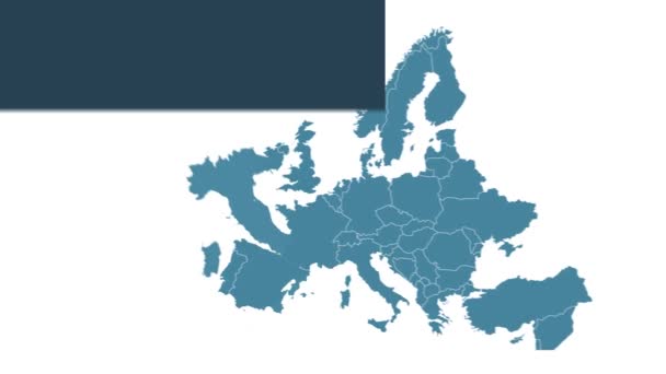Itálie mapuje animaci s mapou Evropy, největšími městy a textovým zástupcem. Šablona pro zprávy a vzdělávání. Royalty free 4K motion graphic animation. Modrobílá barva. Infographics plochého designu.