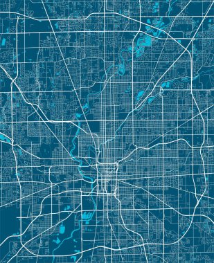Indianapolis idari bölgesinin ayrıntılı haritası. Kraliyetten bağımsız vektör çizimi. Şehir manzarası manzarası. Indianapolis bölgesinin dekoratif grafik turist haritası.