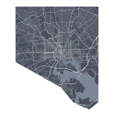 Baltimore haritası. Baltimore idari bölgesinin detaylı vektör haritası. Şehir Posteri Arya Manzarası. Beyaz sokakları, yolları ve caddeleri olan karanlık topraklar. Beyaz arkaplan.