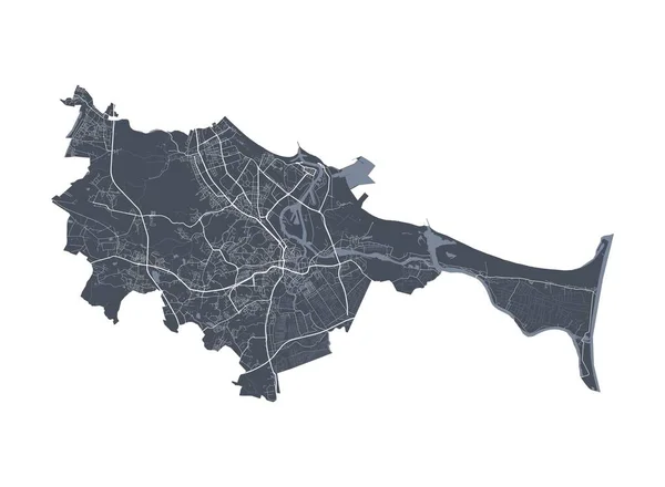 Gdansk haritası. Gdansk şehrinin idari alanının detaylı vektör haritası. Şehir Posteri Arya Manzarası. Beyaz sokakları, yolları ve caddeleri olan karanlık topraklar. Beyaz arkaplan.