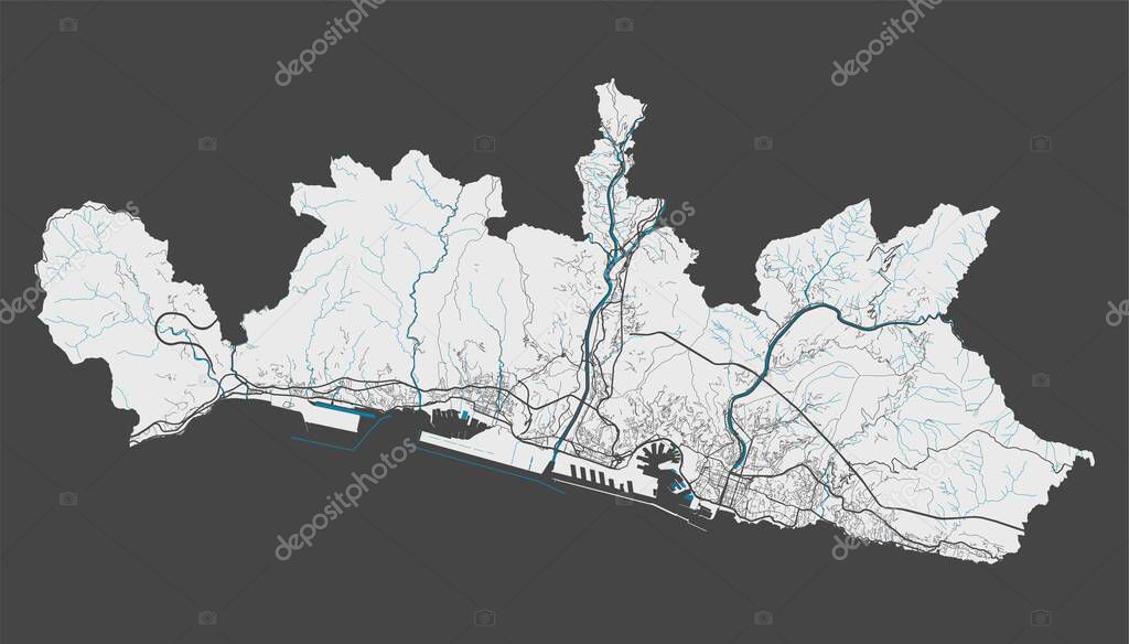Genoa map. Detailed map of Genoa city administrative area. Cityscape panorama. Royalty free vector illustration. Outline map with highways, streets, rivers. Tourist decorative street map.