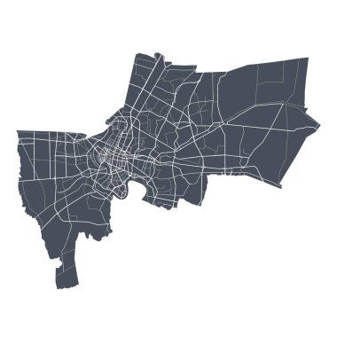 Bangkok haritası. Bangkok idari bölgesinin detaylı vektör haritası. Şehir Posteri Arya Manzarası. Beyaz sokakları, yolları ve caddeleri olan karanlık topraklar. Beyaz arkaplan.