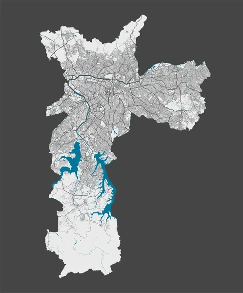 Sao Paulo haritası. Sao Paulo 'nun idari alanının detaylı haritası. Şehir manzarası manzarası. Kraliyetten bağımsız vektör çizimi. Karayolları, sokaklar, nehirler. Turist dekoratif sokak haritası.