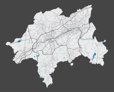Wuppertal harita. Wuppertal şehri yönetim bölgesinin detaylı haritası. Şehir manzarası manzarası. Kraliyetten bağımsız vektör çizimi. Karayolları, sokaklar, nehirler. Turist dekoratif sokak haritası.