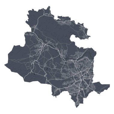 Bradford haritası. Bradford şehrinin idari alanının detaylı vektör haritası. Şehir Posteri Arya Manzarası. Beyaz sokakları, yolları ve caddeleri olan karanlık topraklar. Beyaz arkaplan.