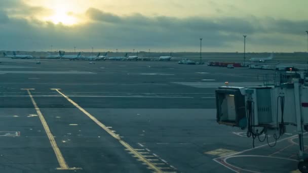 Geschäftiger Flughafen Bei Sonnenaufgang — Stockvideo