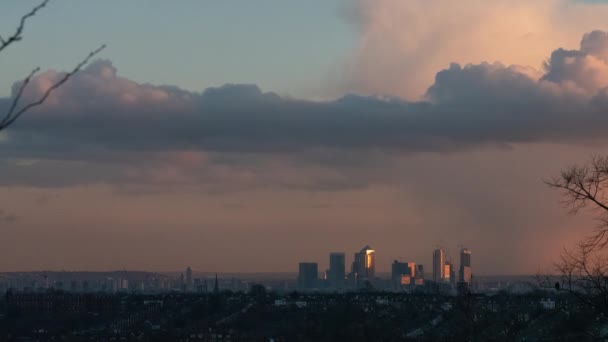 Londýn City Panorama Při Západu Slunce Canary Wharf Royalty Free Stock Video