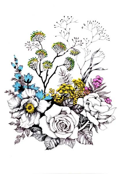 Hand Drawn Watercolor Roses Wildflowers — Stock Photo, Image