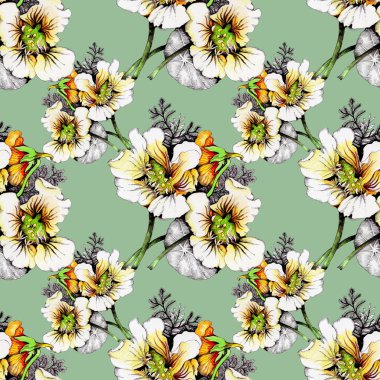 Güzel beyaz-sarı çiçekli suluboya desen