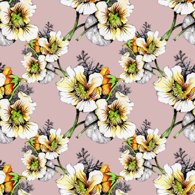 Güzel beyaz-sarı çiçekli suluboya desen