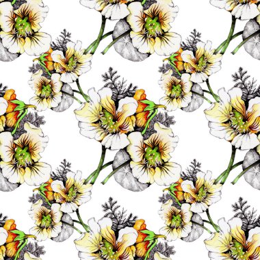 Güzel beyaz-sarı çiçekli suluboya desen