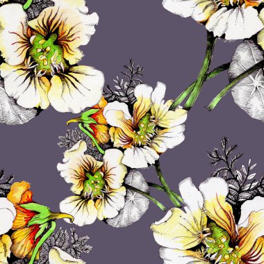 Güzel beyaz-sarı çiçekli suluboya desen