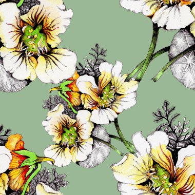 Güzel beyaz-sarı çiçekli suluboya desen