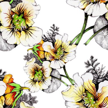 Güzel beyaz-sarı çiçekli suluboya desen