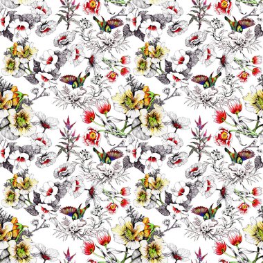 bahar çiçekleri üzerinde renkli kuşlar 