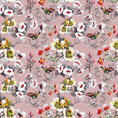 bahar çiçekleri üzerinde renkli kuşlar 